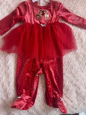 Rare Editions Red Velvet Tulle Footie One-Piece with Deer Appliqué